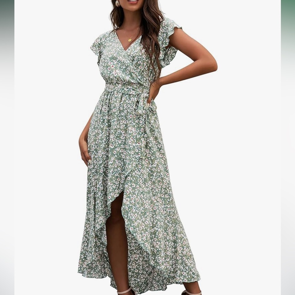 Floral Green high low wrap Dress